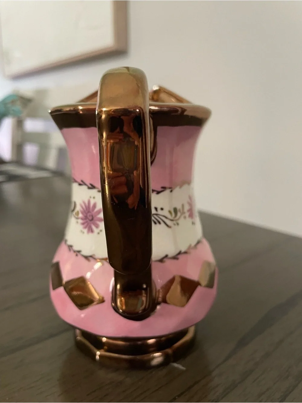 Vintage Pink and Gold Floral Ceramic Pitcher